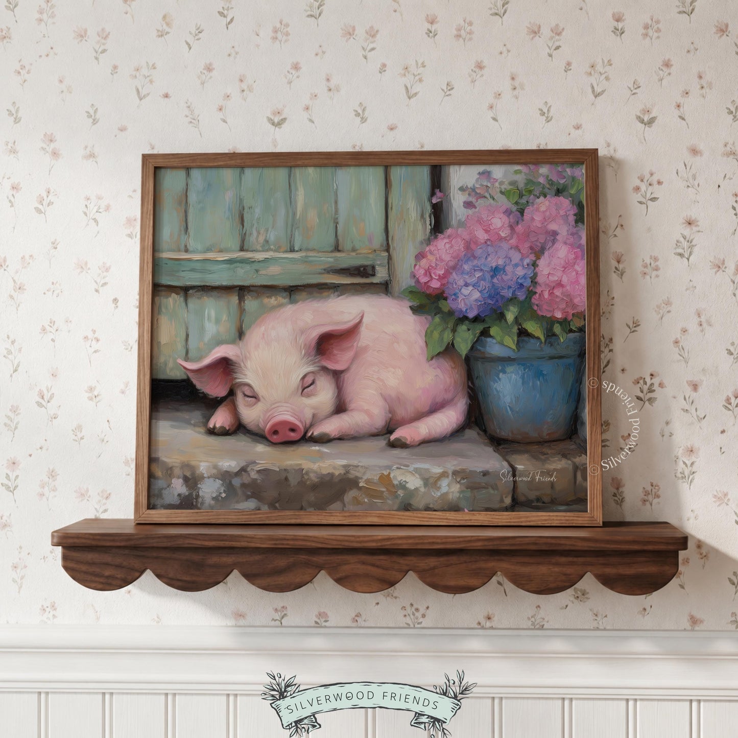 Cute piglet digital print for child’s room — beautiful pastoral scene with a pink pig and flowers, perfect for a cozy farmhouse vibe.