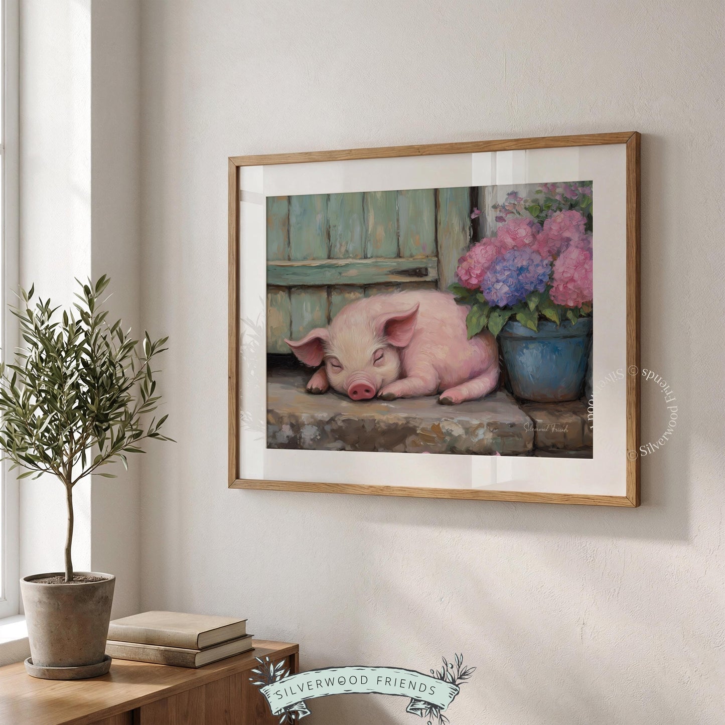 Cute piglet print for country-themed gallery wall — soft hues and floral accents enhance this charming pastoral artwork.