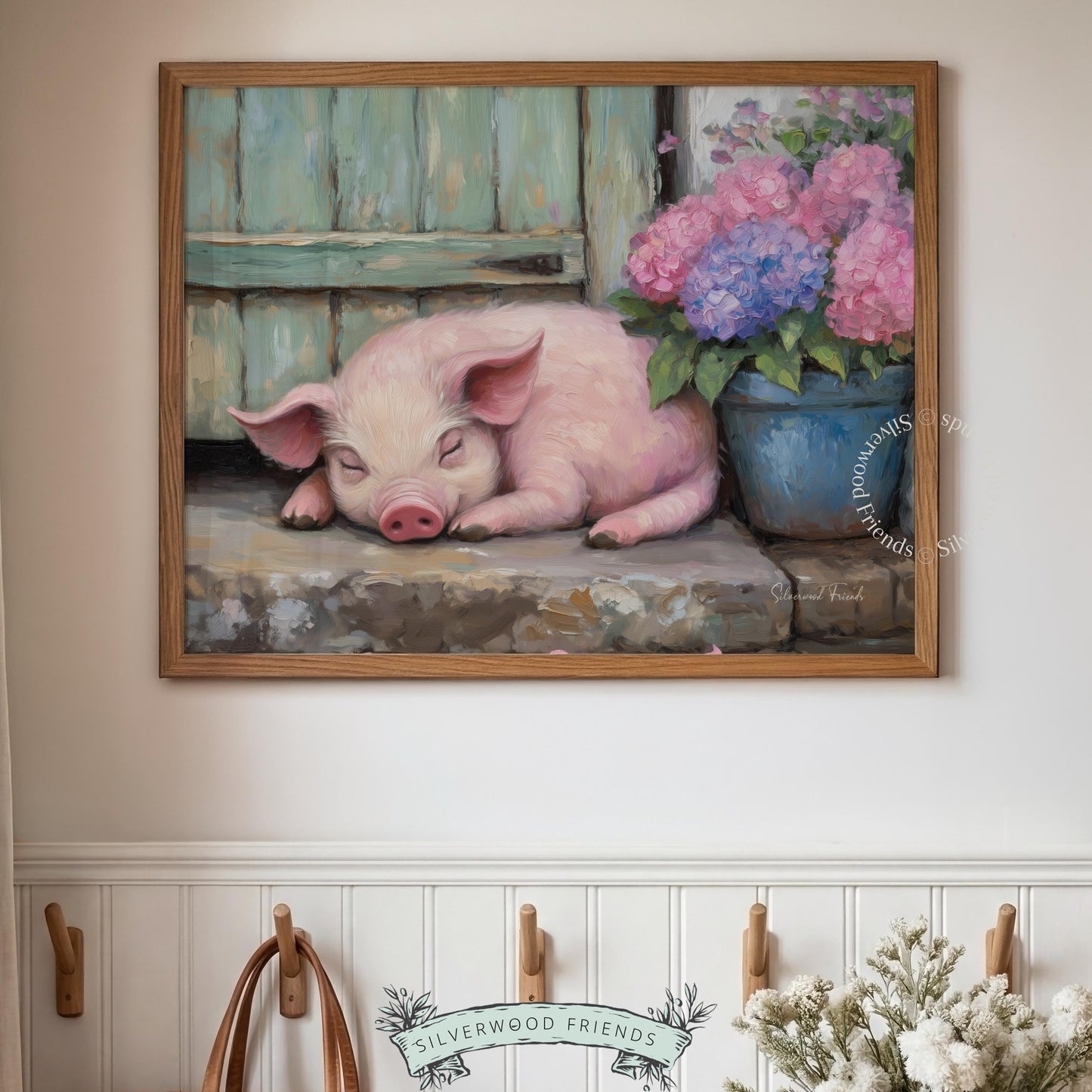 Piglet picture printable art for baby shower gift — soft, muted tones of a sleeping pig on a stone step create a sweet country feel.
