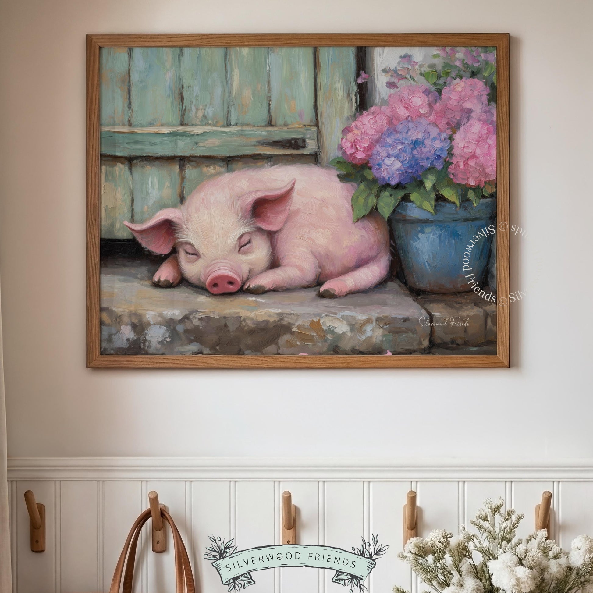 Piglet picture printable art for baby shower gift — soft, muted tones of a sleeping pig on a stone step create a sweet country feel.
