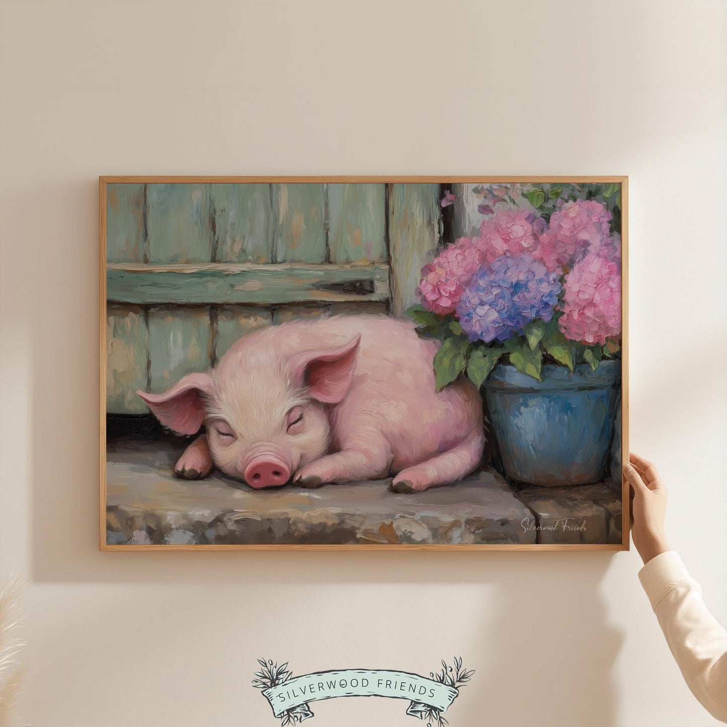 Cozy sleeping pig digital print for farmhouse decor — beautifully painted artwork with serene colors enhancing a pastoral atmosphere.