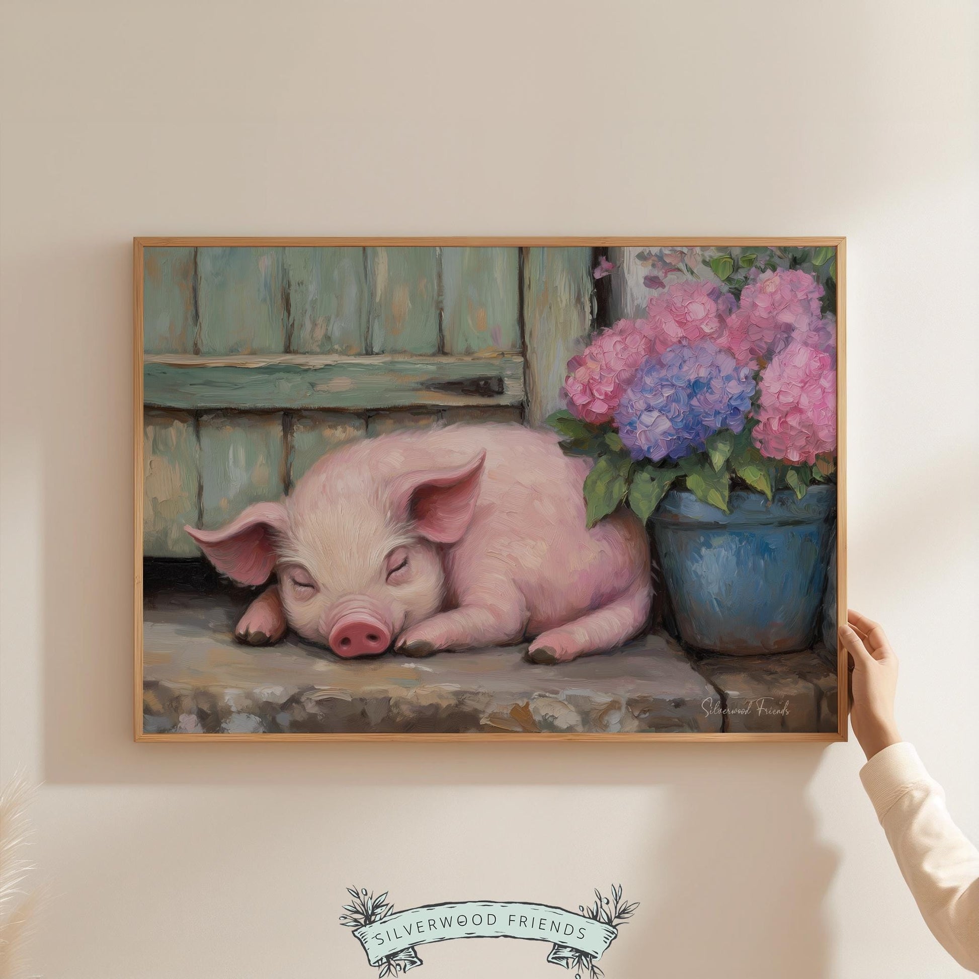 Cozy sleeping pig digital print for farmhouse decor — beautifully painted artwork with serene colors enhancing a pastoral atmosphere.