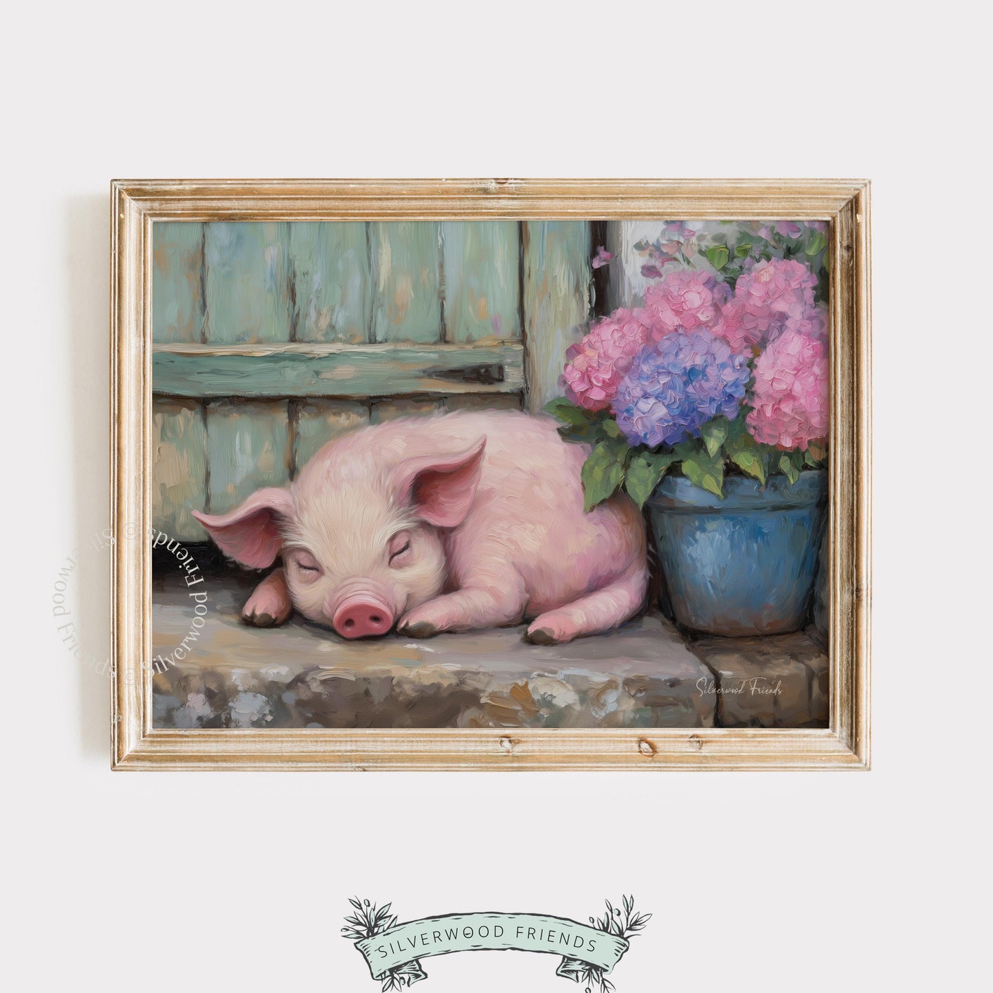 Realistic painting of a pink pig for cozy retreats — charming scene with weathered textures that encapsulate country farmhouse aesthetics.