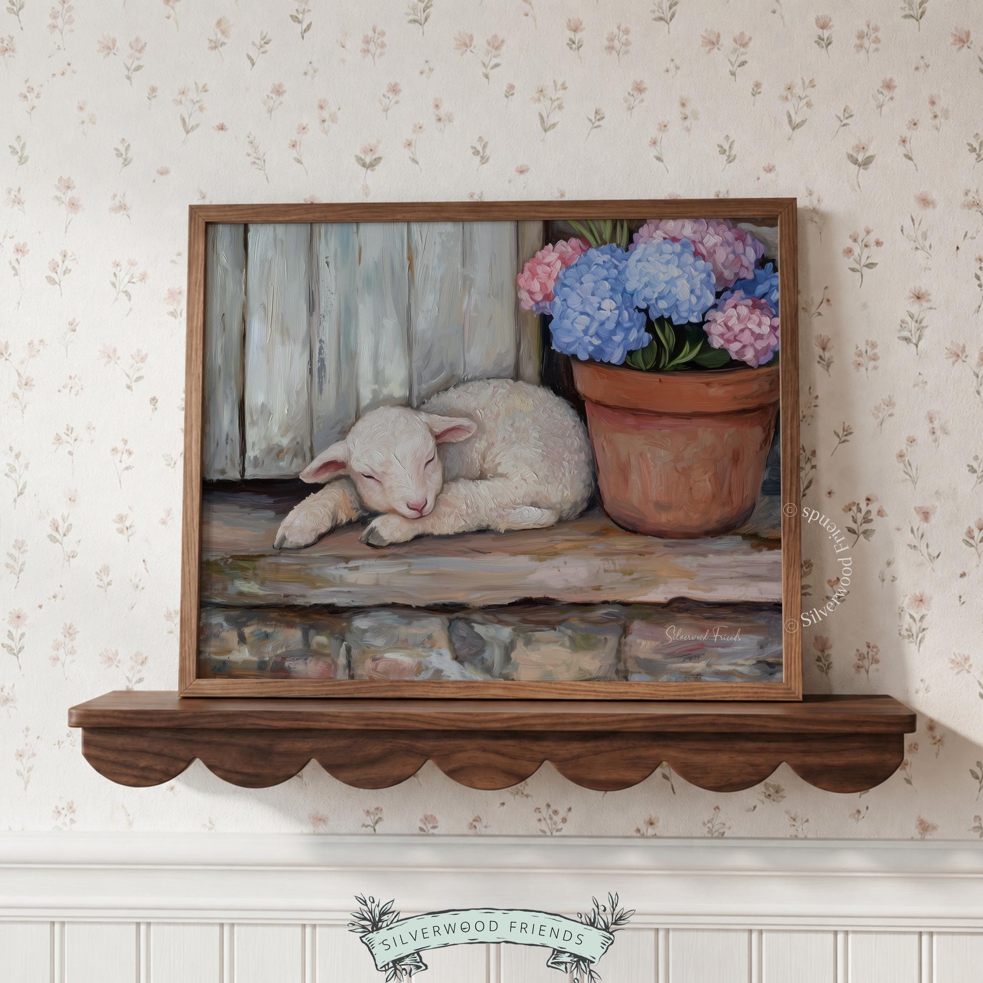 Adorable lamb poster for cozy reading nook — warm oil painting with floral touches creating a peaceful atmosphere.