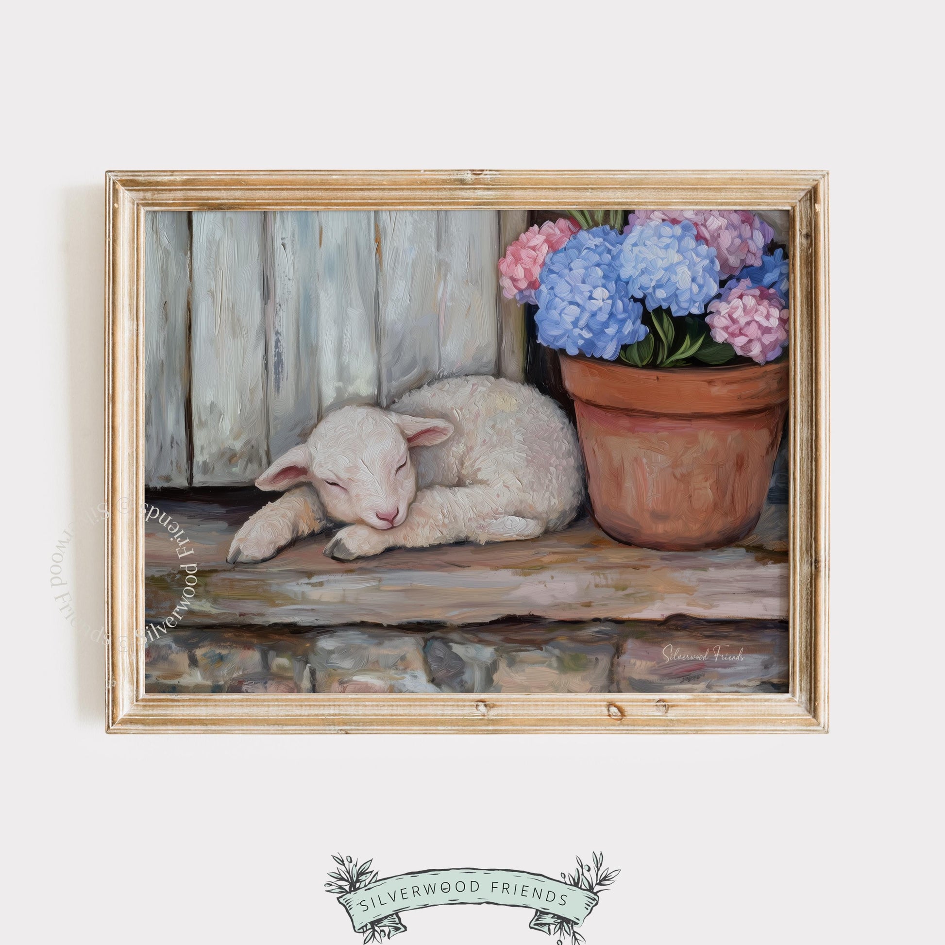 Soft sleeping lamb wall decor for home office — serene oil painting embracing gentle colors for a calming workspace.