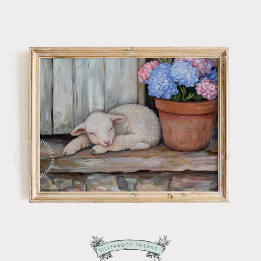 Soft sleeping lamb wall decor for home office — serene oil painting embracing gentle colors for a calming workspace.