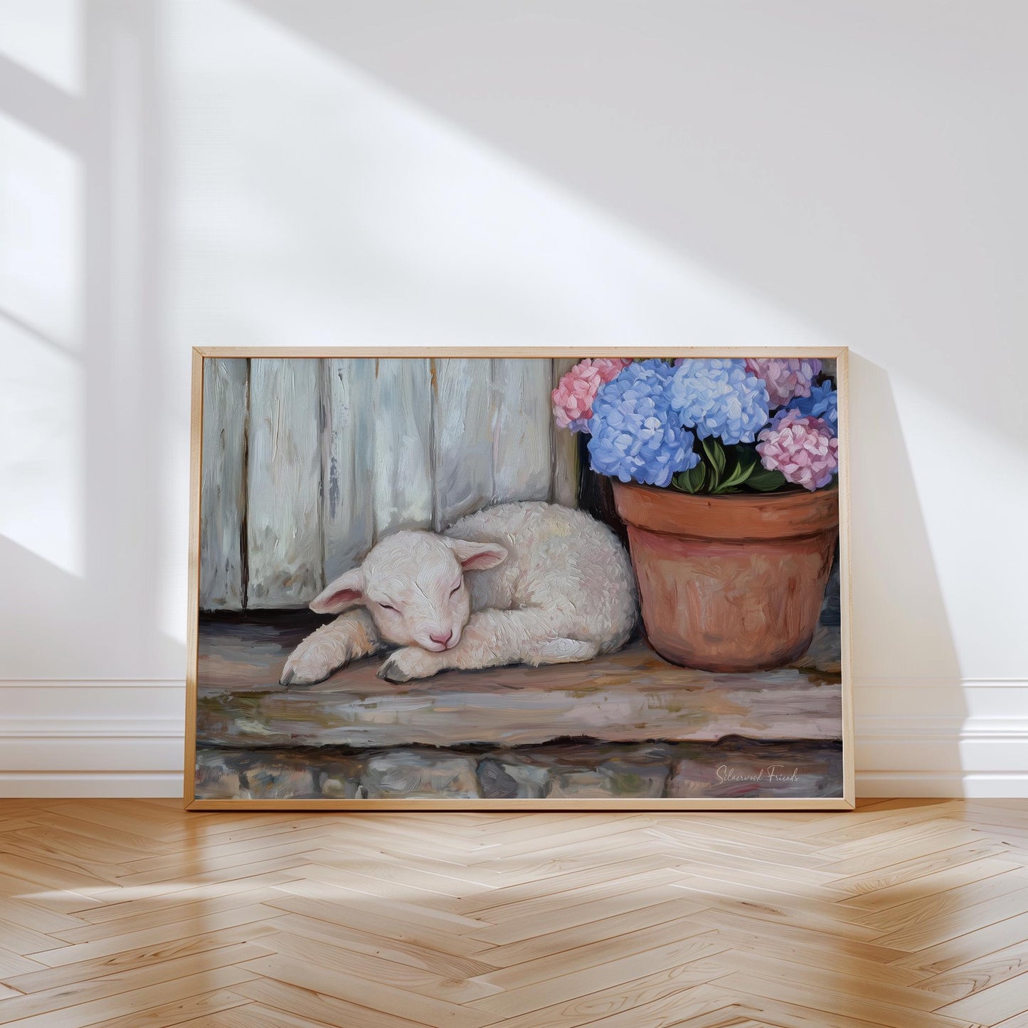 Peaceful lamb picture for baby nursery — dreamy art print radiating warmth and tranquility within a rustic setting.
