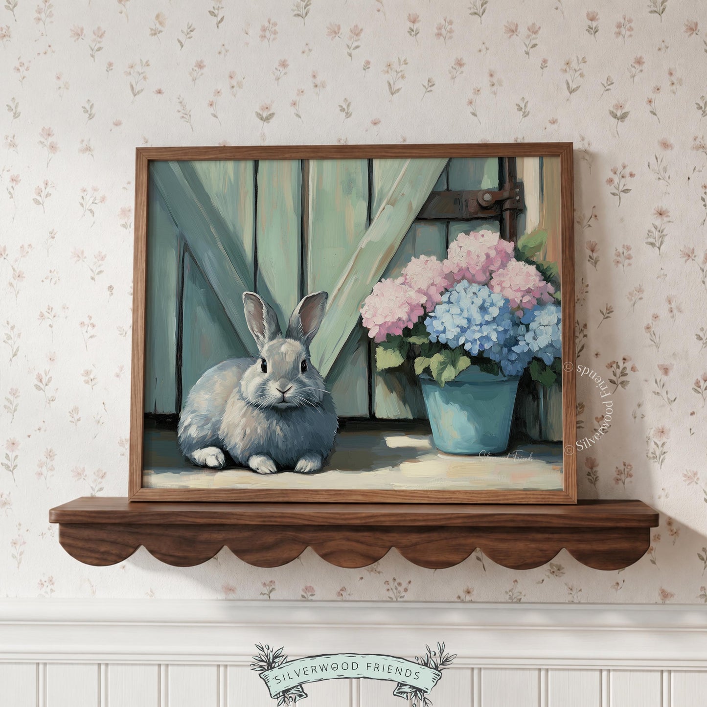 Plump rabbit digital print for country-style study — rustic aesthetics blend well with soft colors for a pastoral vibe.