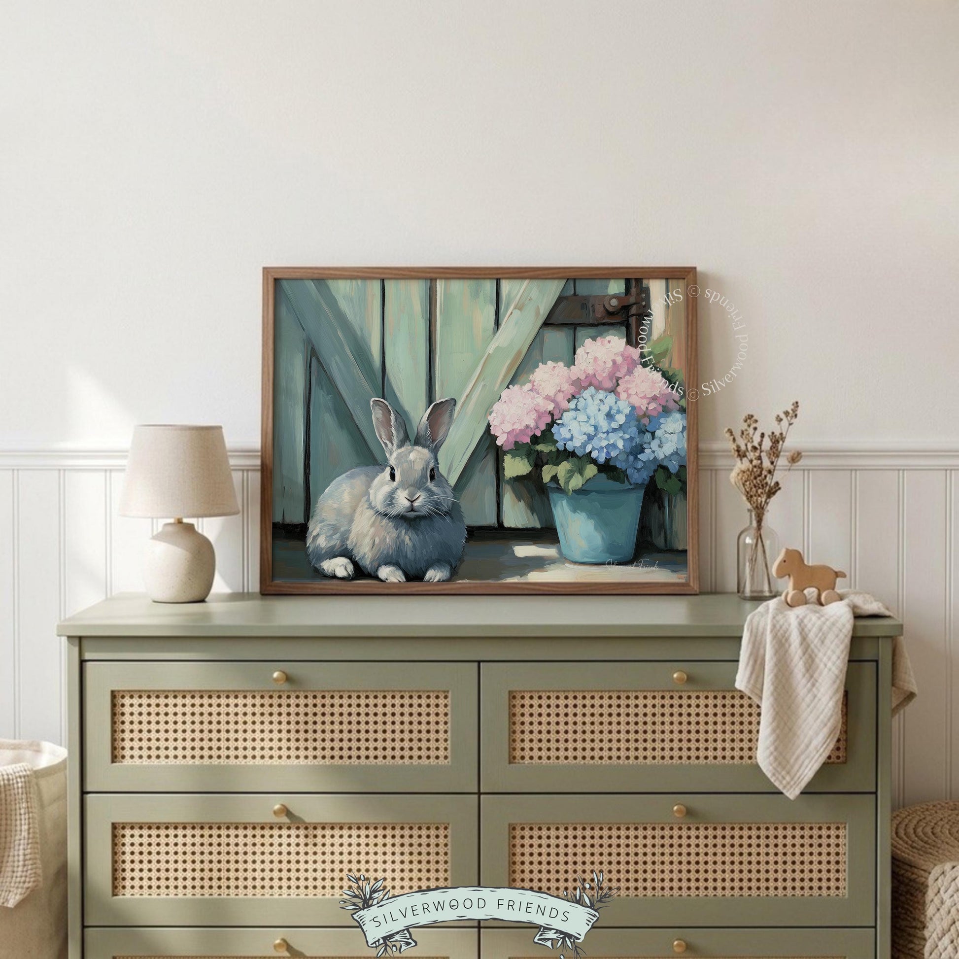 Calm rabbit digital print for cozy living room — gentle brushwork evokes a homey, vintage country atmosphere with garden details.