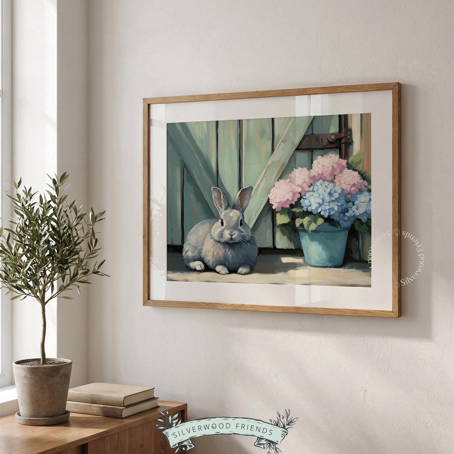 Plump bunny poster for rustic dining area — serene cottagecore artwork featuring muted pastels and a pastoral scene.