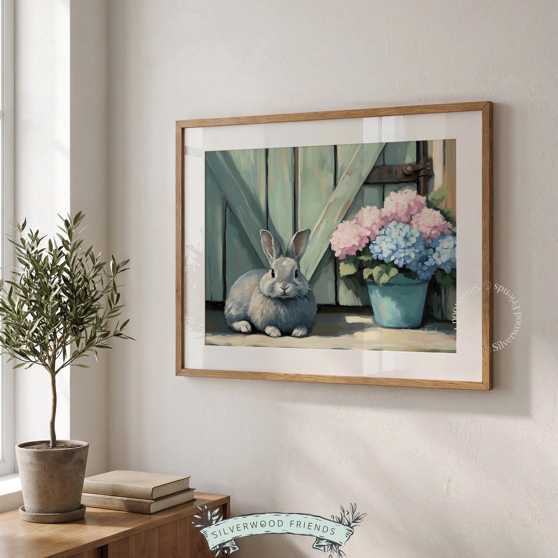 Plump bunny poster for rustic dining area — serene cottagecore artwork featuring muted pastels and a pastoral scene.