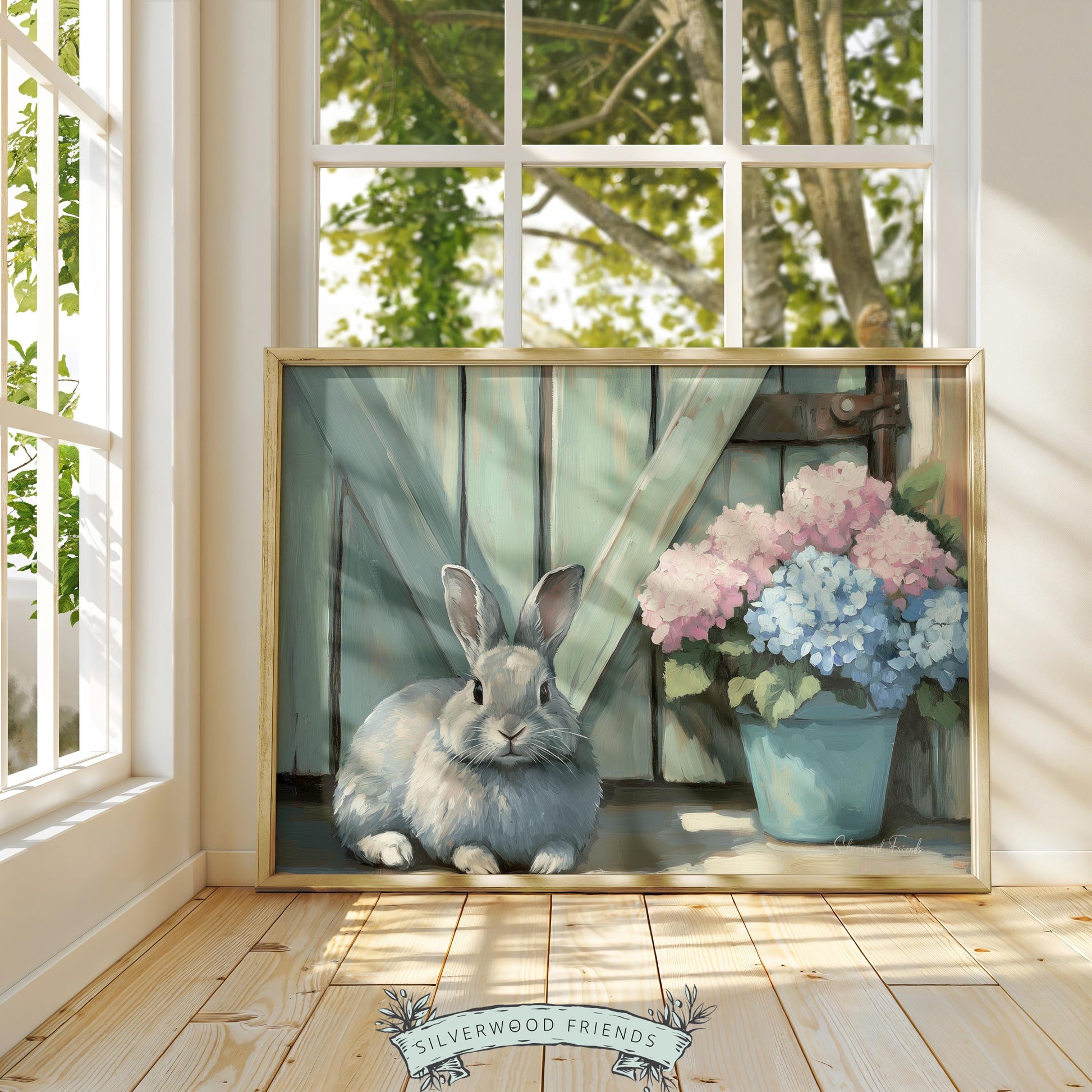 Rabbit artwork for nursery — whimsical farmhouse style in soothing colors, perfect for a baby’s room or playroom.