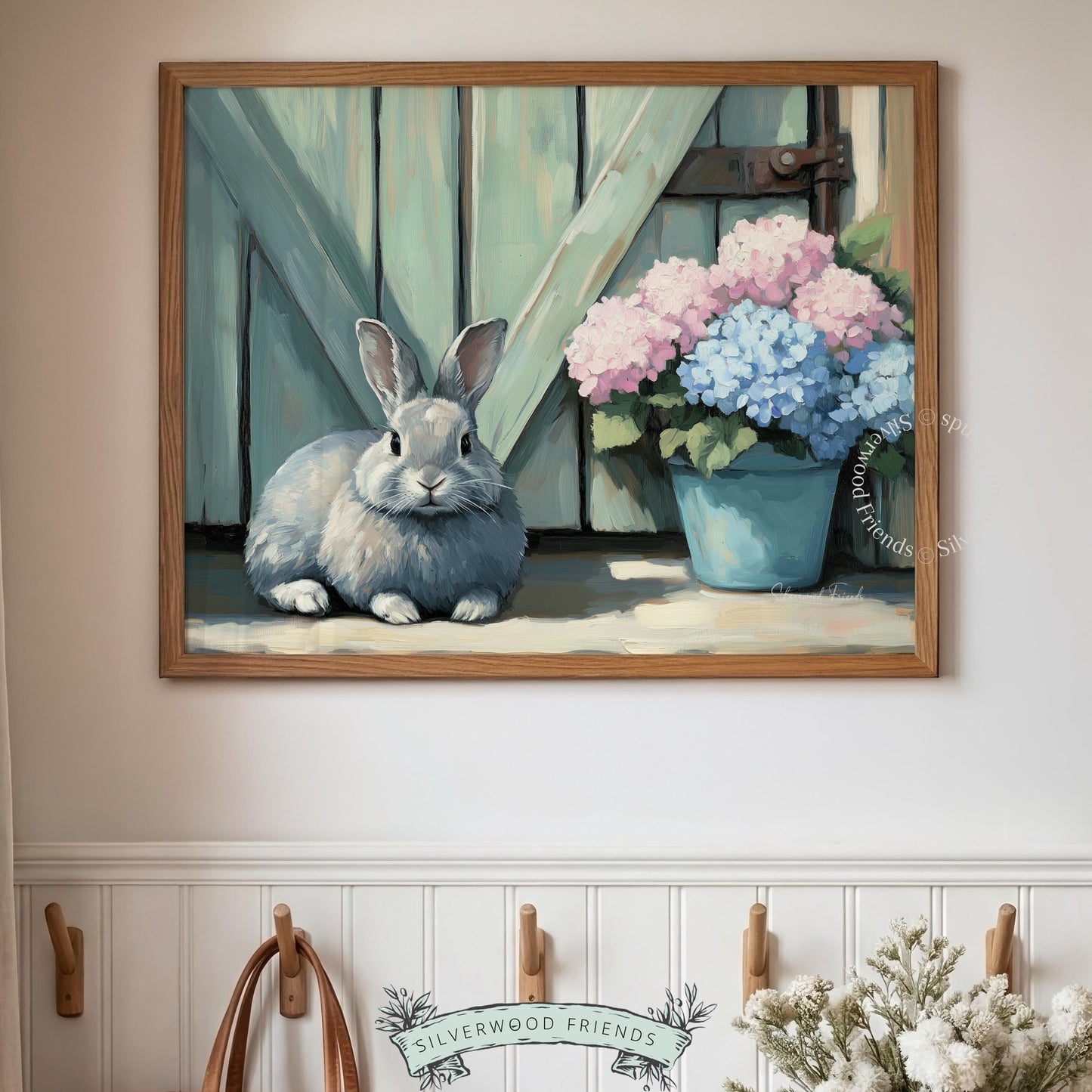 Adorable rabbit artwork for breakfast nook — warm tones and floral bouquet beautifully create a relaxed, homey ambiance.