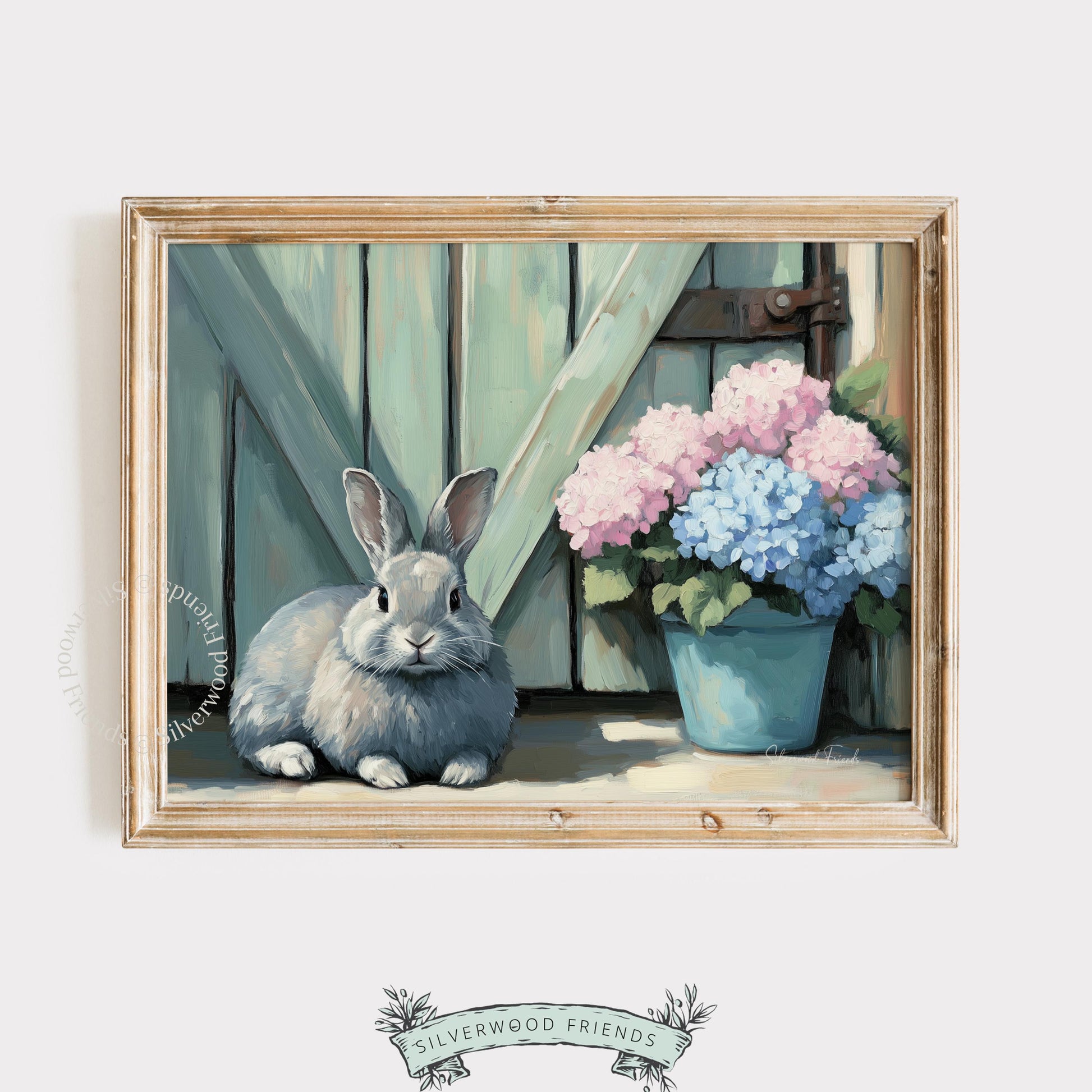 Pastoral rabbit wall art for garden nook — tranquil colors and homemade aesthetics enhance the cottagecore theme.