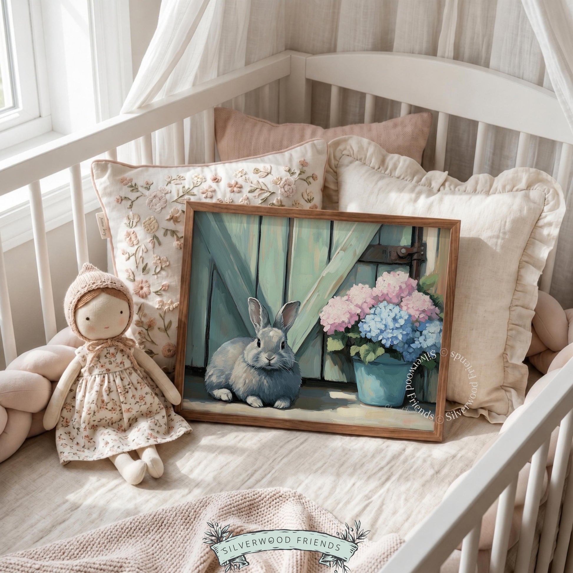 Adorable gray bunny picture printable art for country-themed entryway — serene and rustic, it brings a natural feel to the space.