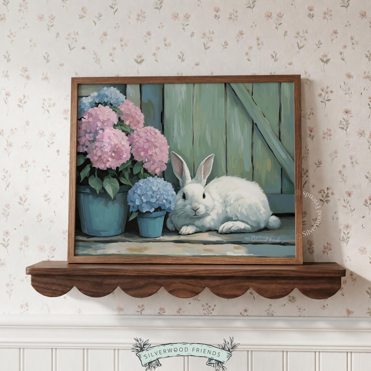 Plump white rabbit wall art for nursery—cozy spring vibes with soft pastels and hand-painted charm, perfect for children's rooms.