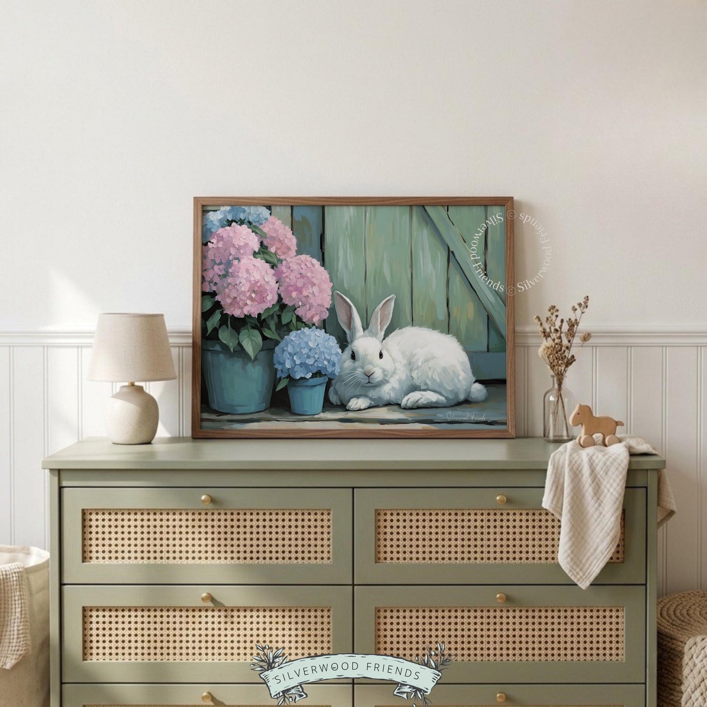 Cozy bunny picture for living room—softly blended pastels and a charming country backdrop enhance a gentle, warm atmosphere.