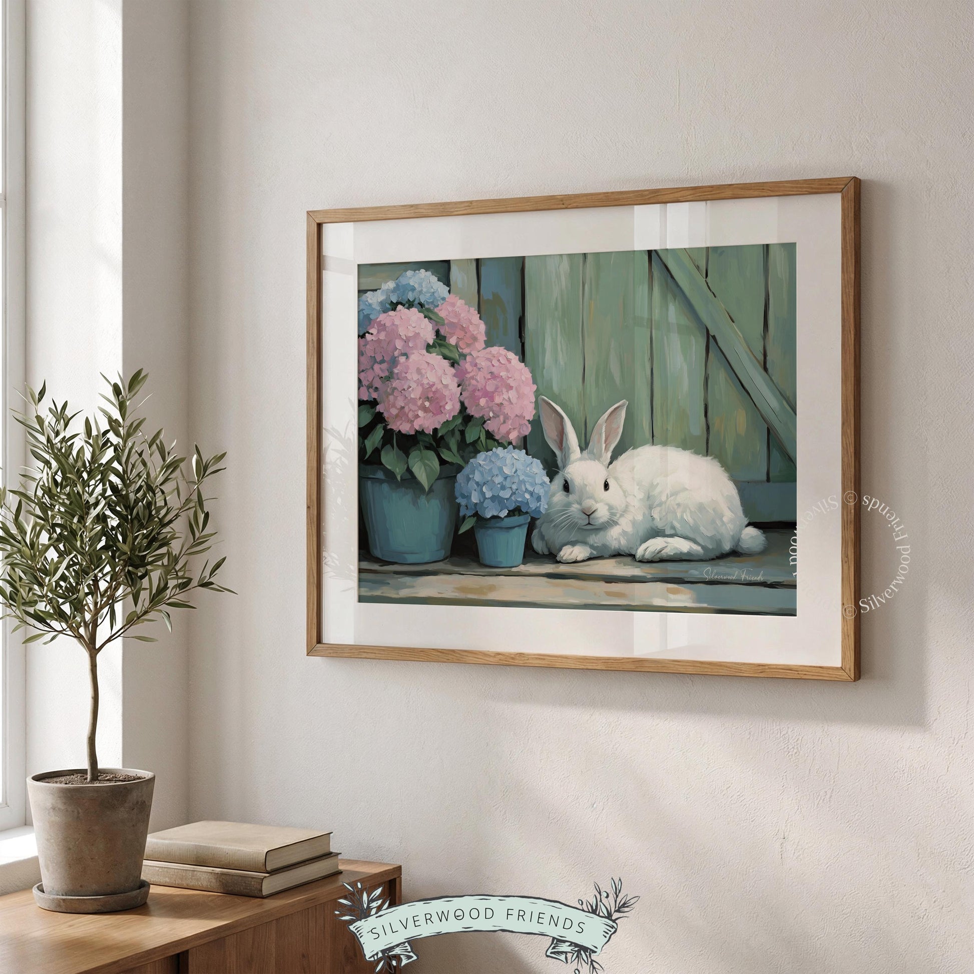 Gentle white rabbit printable wall art for baby shower gift—enliven any child's space with cozy tones and delightful countryside charm.