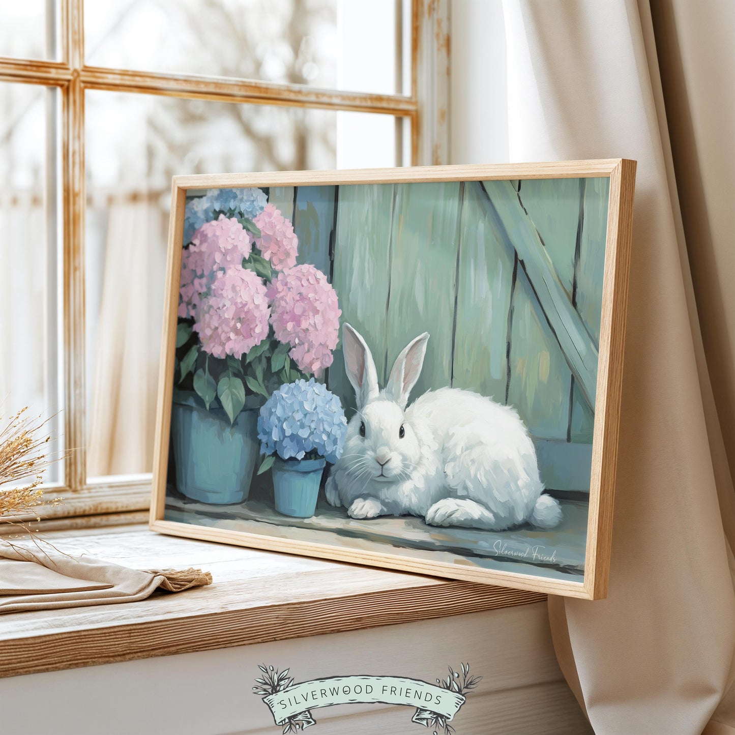 Charming rabbit wall art for kids' room—hand-painted in soft hues, this artwork showcases rustic springtime beauty with delightful blooms.