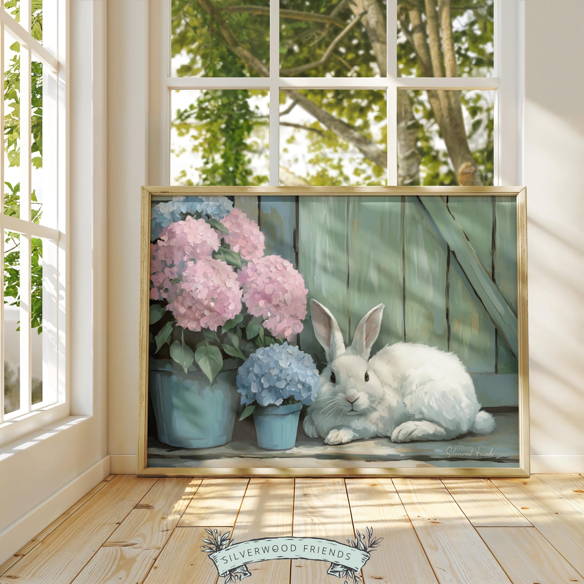Relaxed white bunny digital print for farmhouse kitchen—gentle pastel tones paired with hydrangeas create a rustic, cottagecore feel.