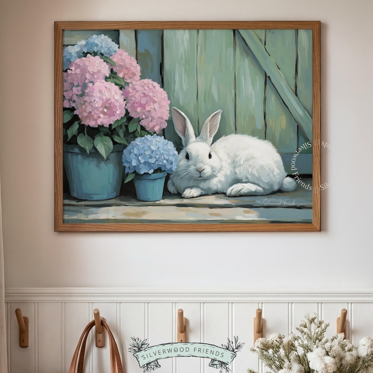 Playful rabbit artwork for country-style hallway—this gentle painting evokes warmth and tranquility with its rustic elements and soft palette.