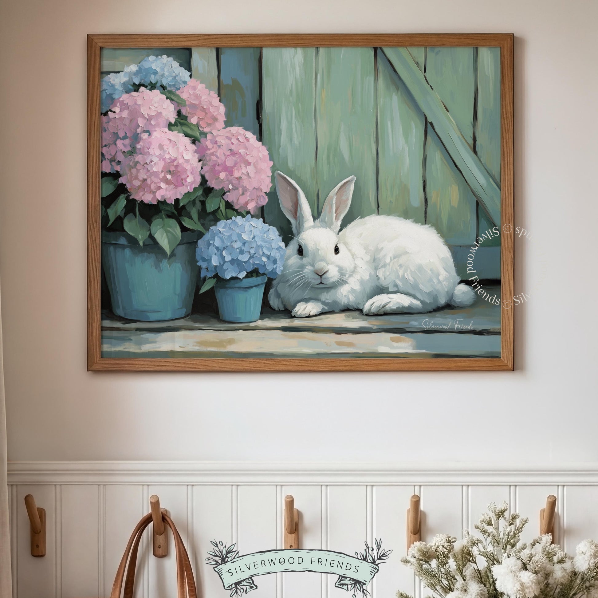 Playful rabbit artwork for country-style hallway—this gentle painting evokes warmth and tranquility with its rustic elements and soft palette.