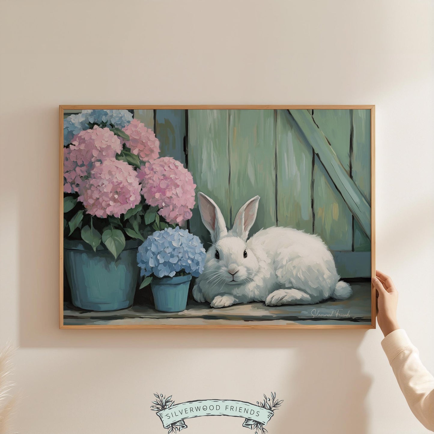 Whimsical bunny wall decor for cozy reading nook—this soft pastel artwork exudes a gentle, inviting atmosphere for relaxing moments.