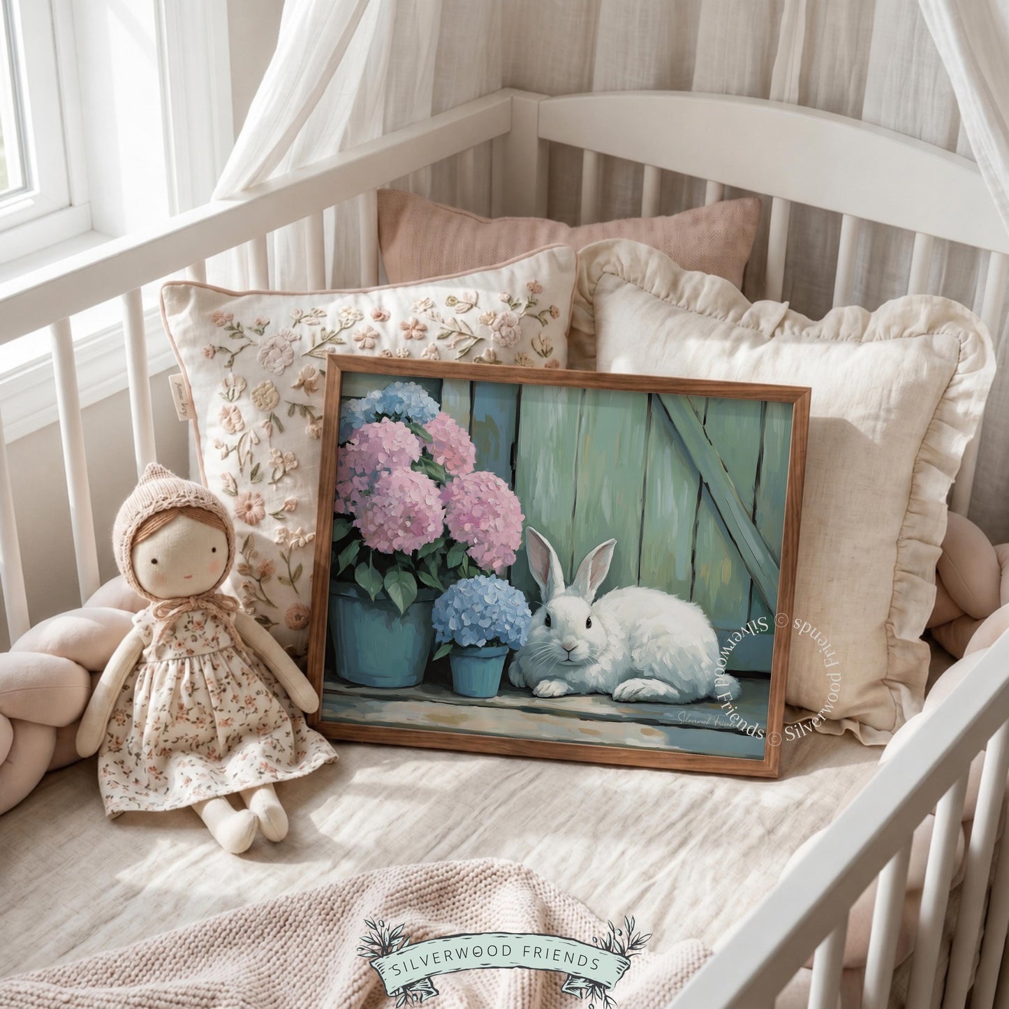 Hand-painted bunny artwork for country-themed bedroom—soft, soothing colors and playful design enhance a welcoming and relaxed ambiance.
