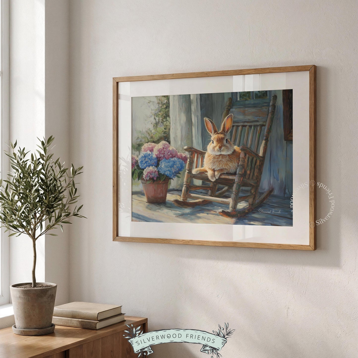 Adorable bunny wall art for baby room — charming design with bright florals accentuates the cozy country feel of the space.