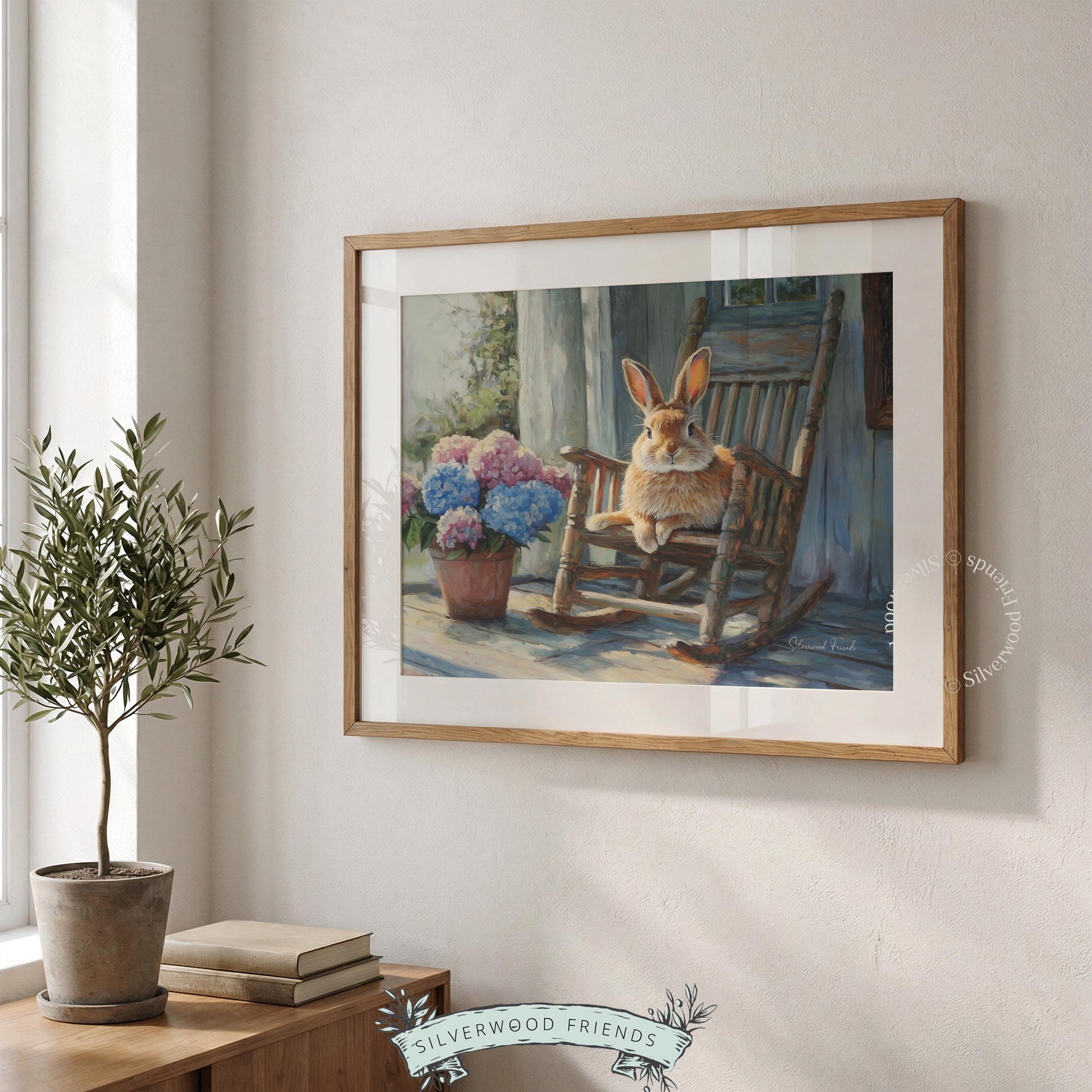 Adorable bunny wall art for baby room — charming design with bright florals accentuates the cozy country feel of the space.