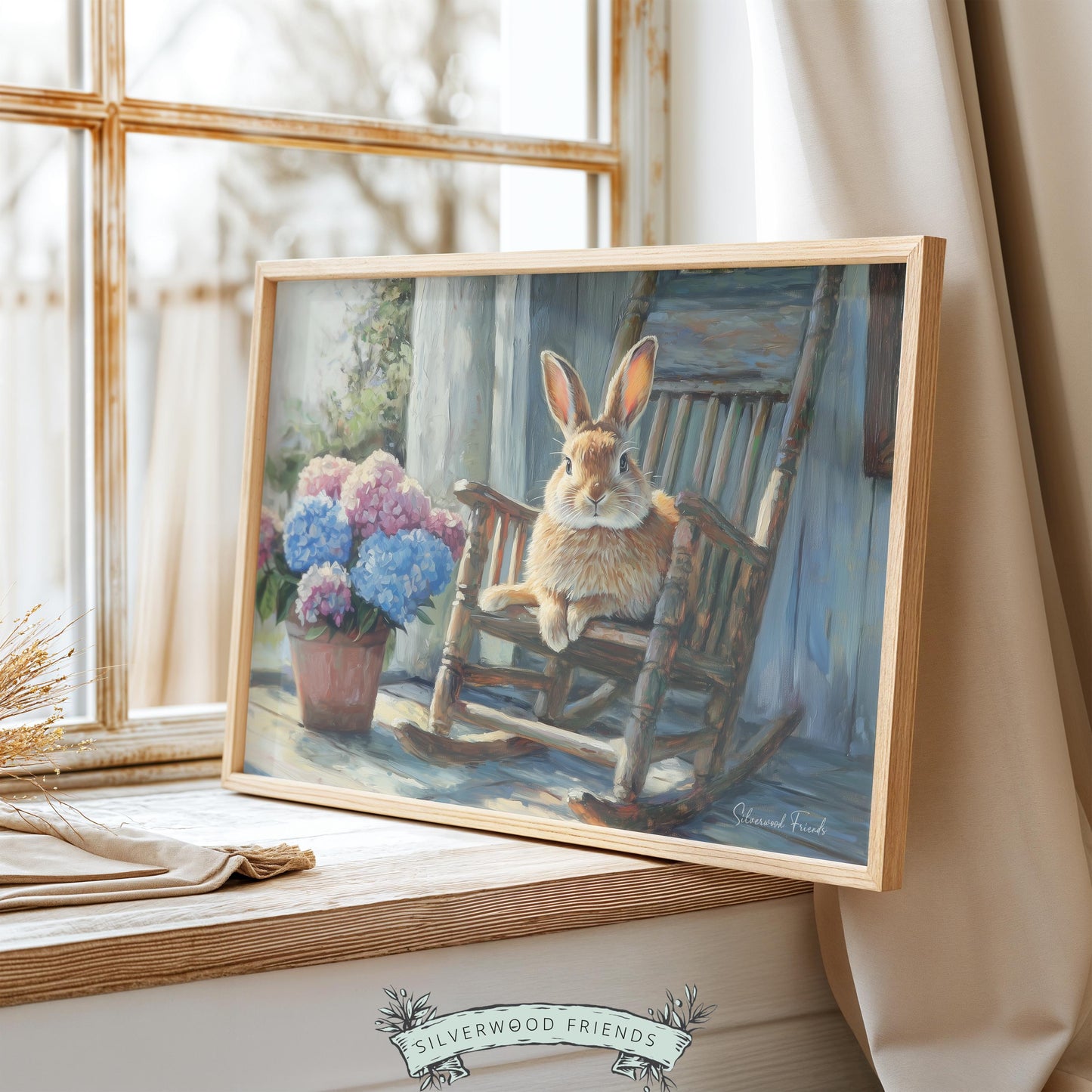 Cute bunny picture printable art for entryway — rustic charm with soft natural light and bright hydrangeas adds warmth to spaces.