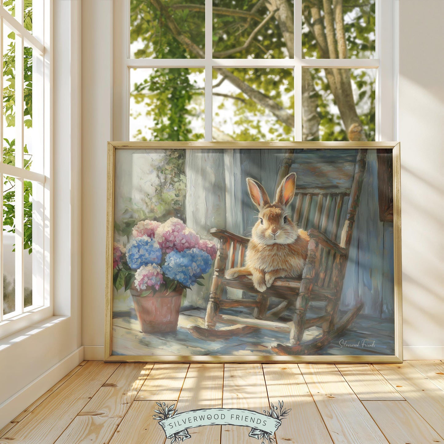 Plump brown rabbit wall art for nursery — cozy cottagecore vibe with hydrangeas and soft sunlight for a calm atmosphere.