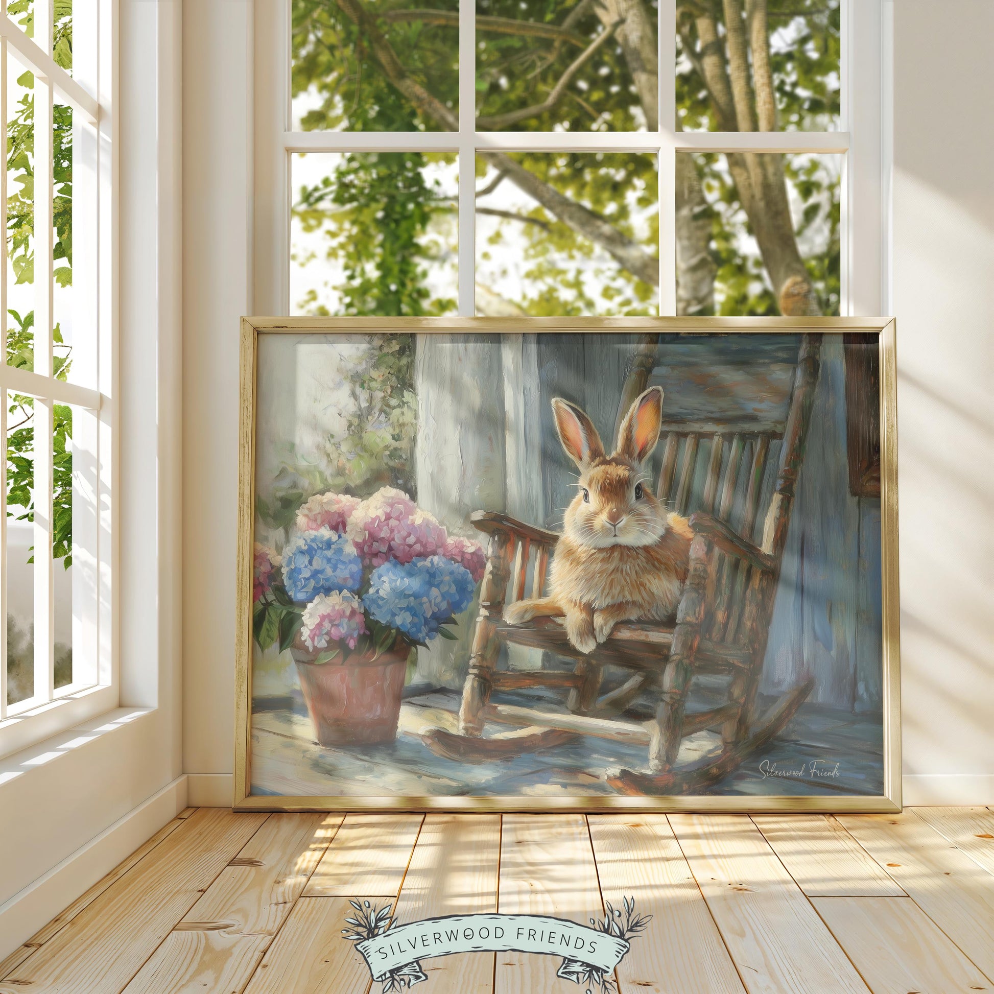 Plump brown rabbit wall art for nursery — cozy cottagecore vibe with hydrangeas and soft sunlight for a calm atmosphere.