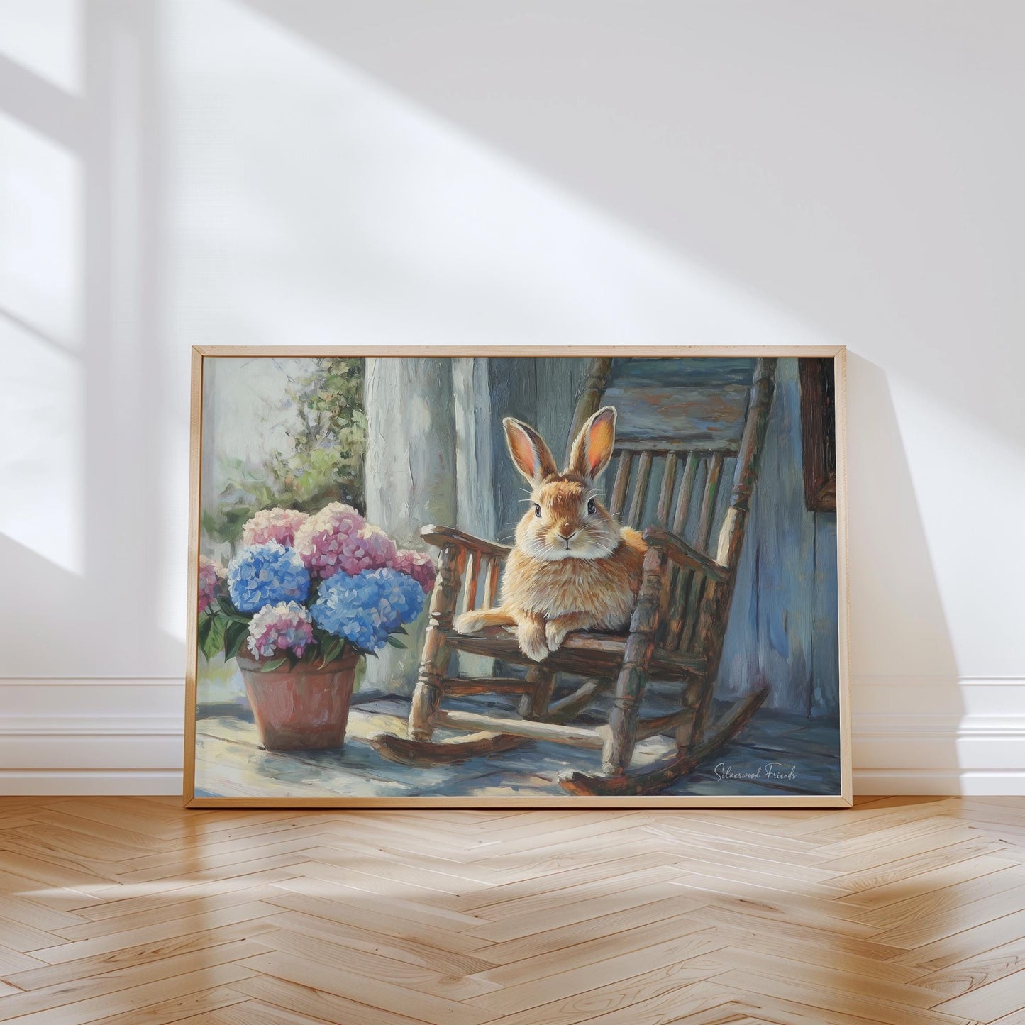Calm brown bunny artwork poster for cozy corners — featuring potted hydrangeas, it adds warmth to rustic farmhouse decor.