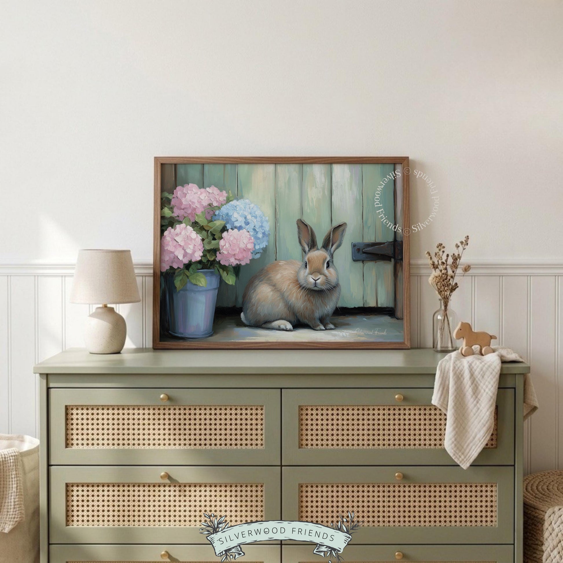 Brown bunny painting wall decor for playroom — hand-painted look with a delightful rustic feel and colorful floral accents
