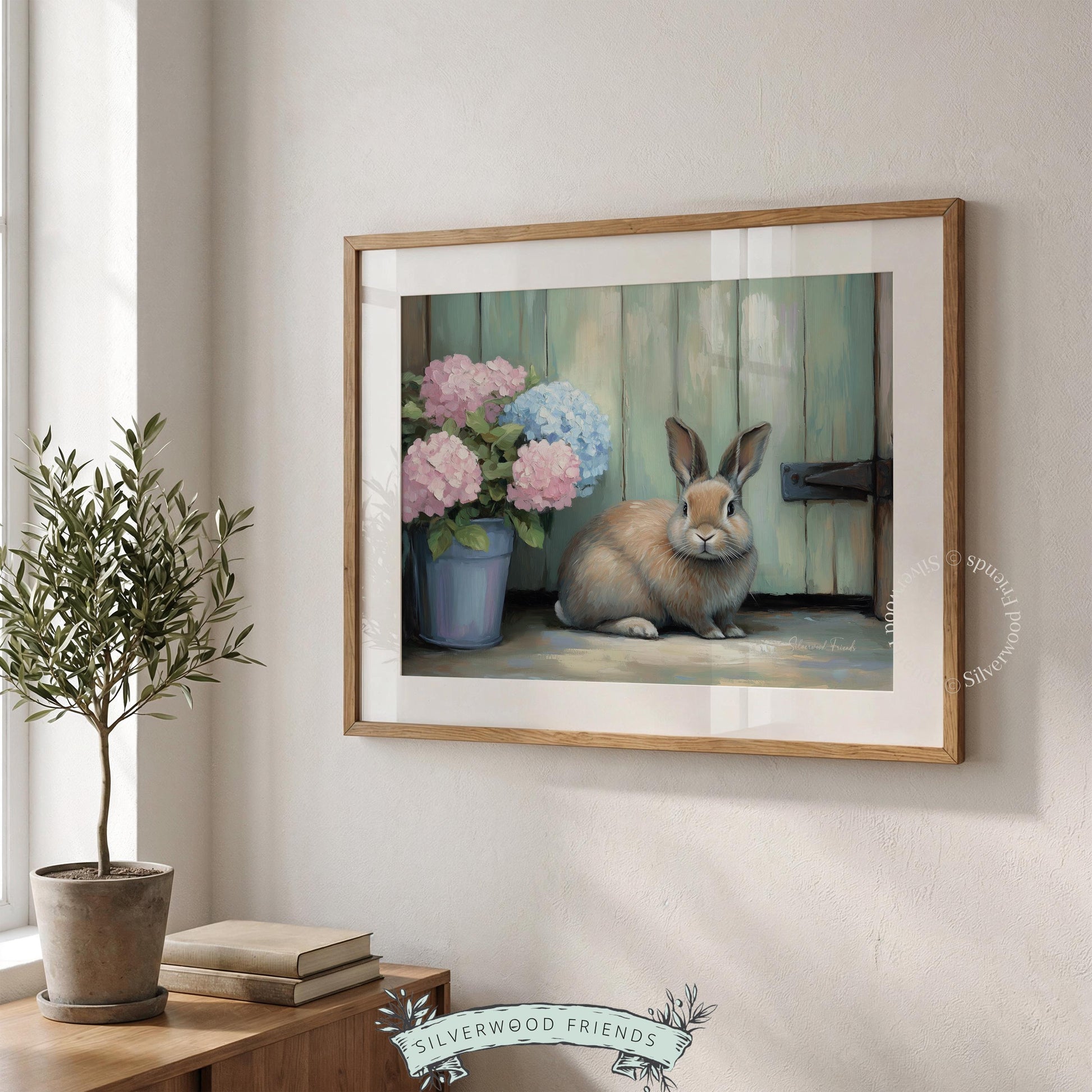 Realistic rabbit painting wall art for nursery — cozy farmhouse style with pastel flowers and a warm rustic ambiance