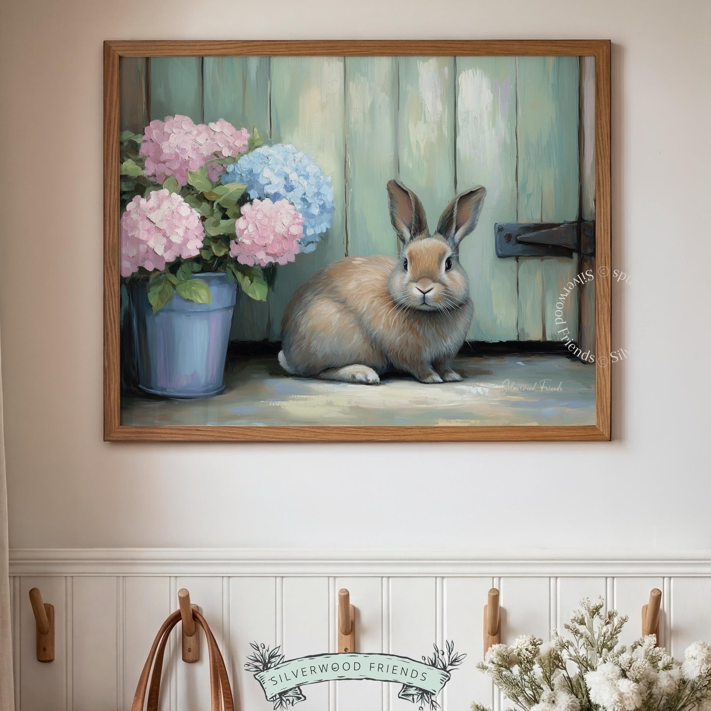 Adorable rabbit wall art for kids' spaces — traditional oil painting style with pastel blooms and a warm rustic backdrop