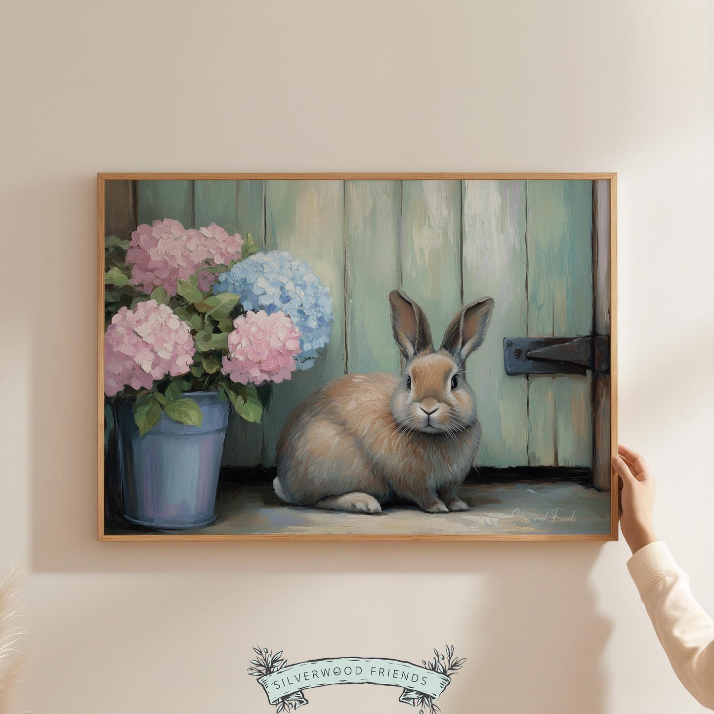 Brown bunny art piece printable for entryway — rustic aesthetics with a lovely cottagecore vibe and visible brushwork details