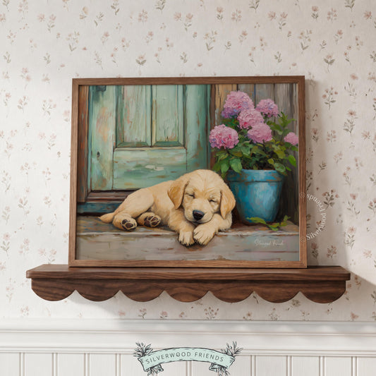 Realistic puppy picture for living room — features a cozy golden retriever against a backdrop of a turquoise door and hydrangeas.