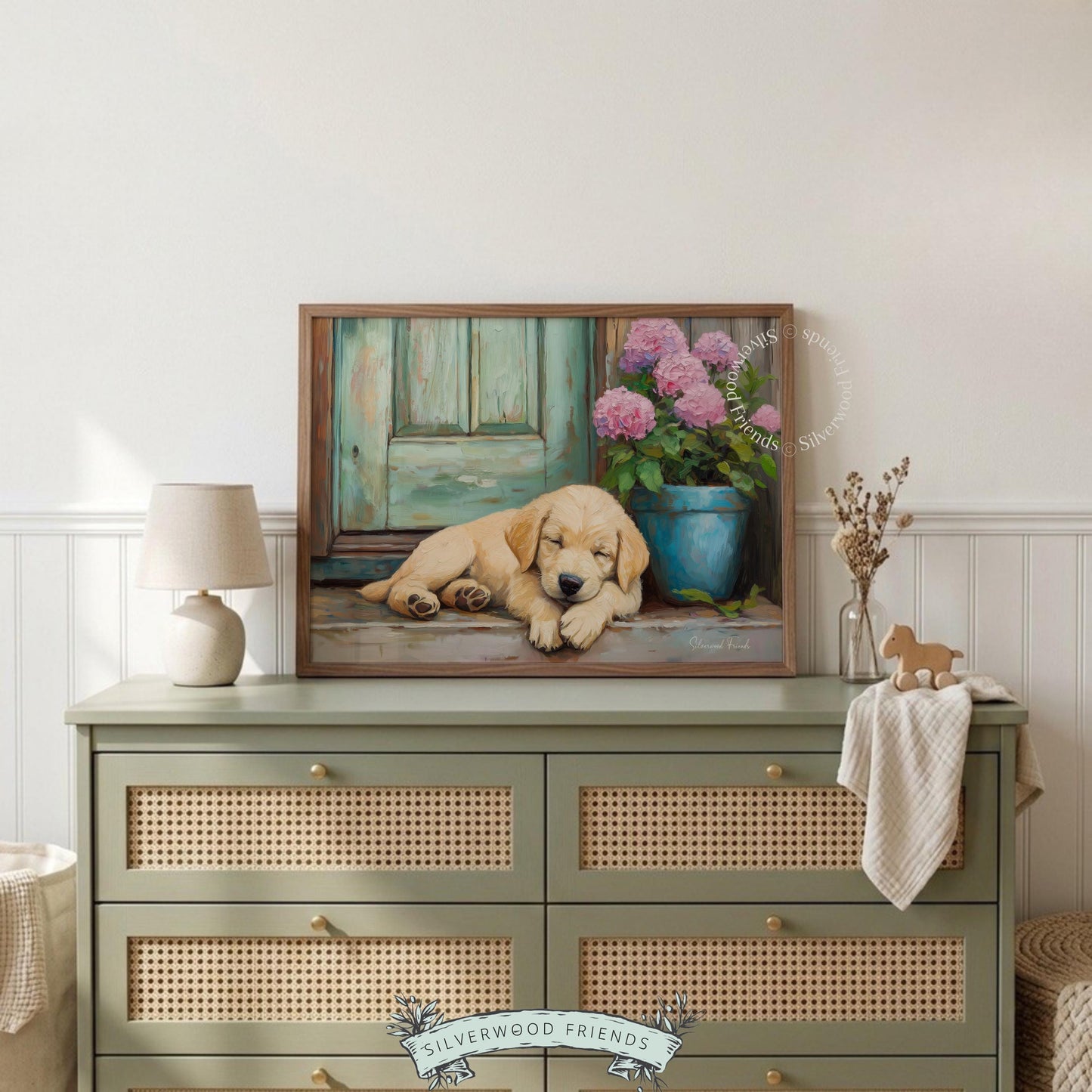 Golden retriever puppy artwork for child's playroom — infused with rustic farmhouse appeal, creating a warm and welcoming environment.