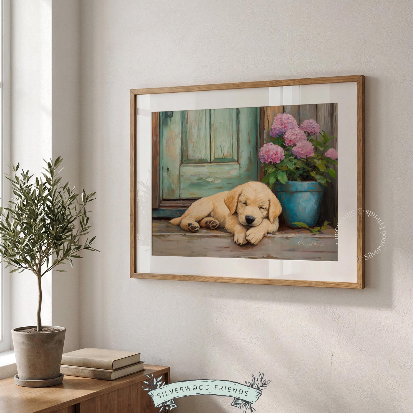 Adorable golden-yellow puppy poster for living room wall — realistic charm pairs perfectly with rustic wood and tranquil turquoise accents.