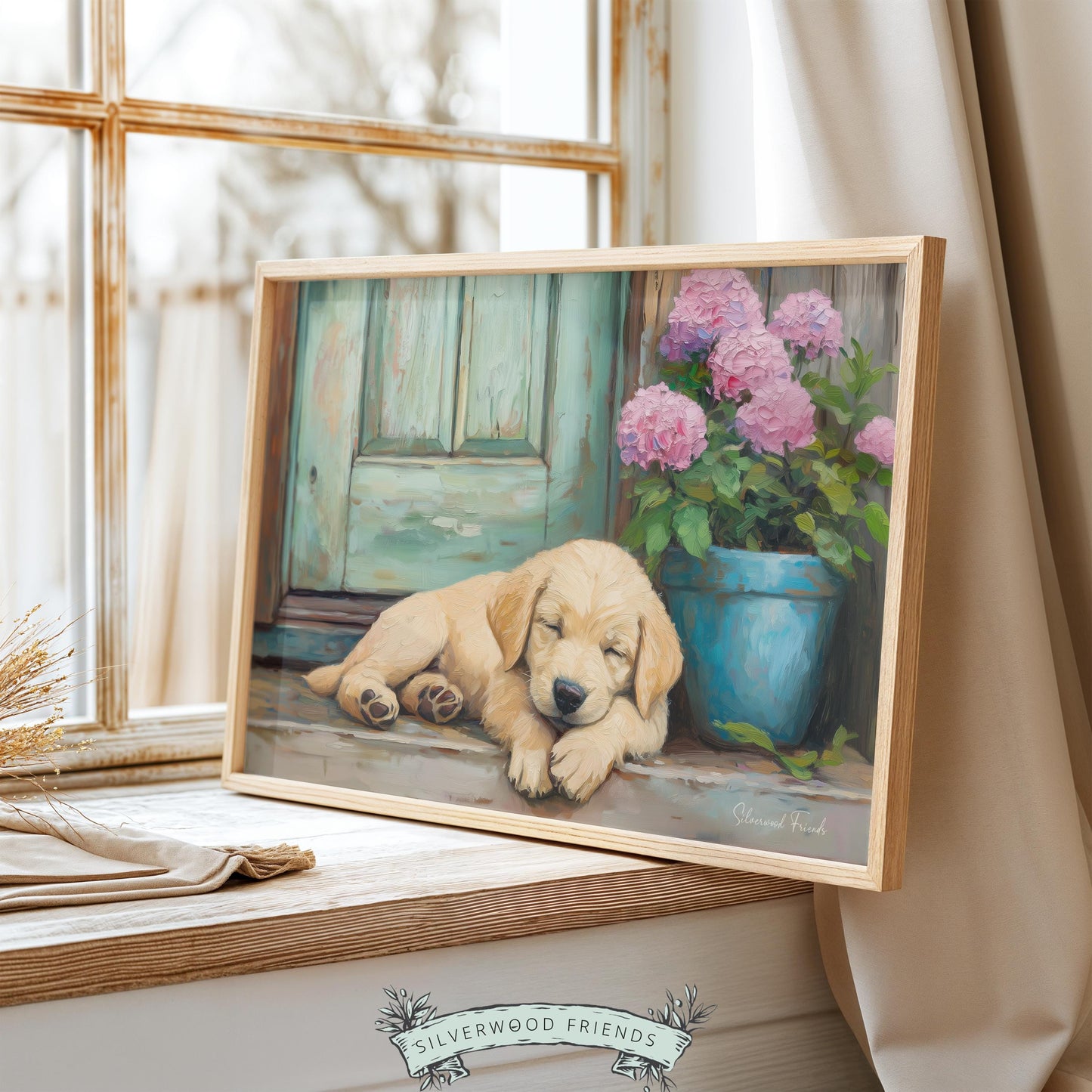 Charming golden-yellow puppy wall art for entryway — combines cute canine vibes with cozy cottage charm and vibrant florals.