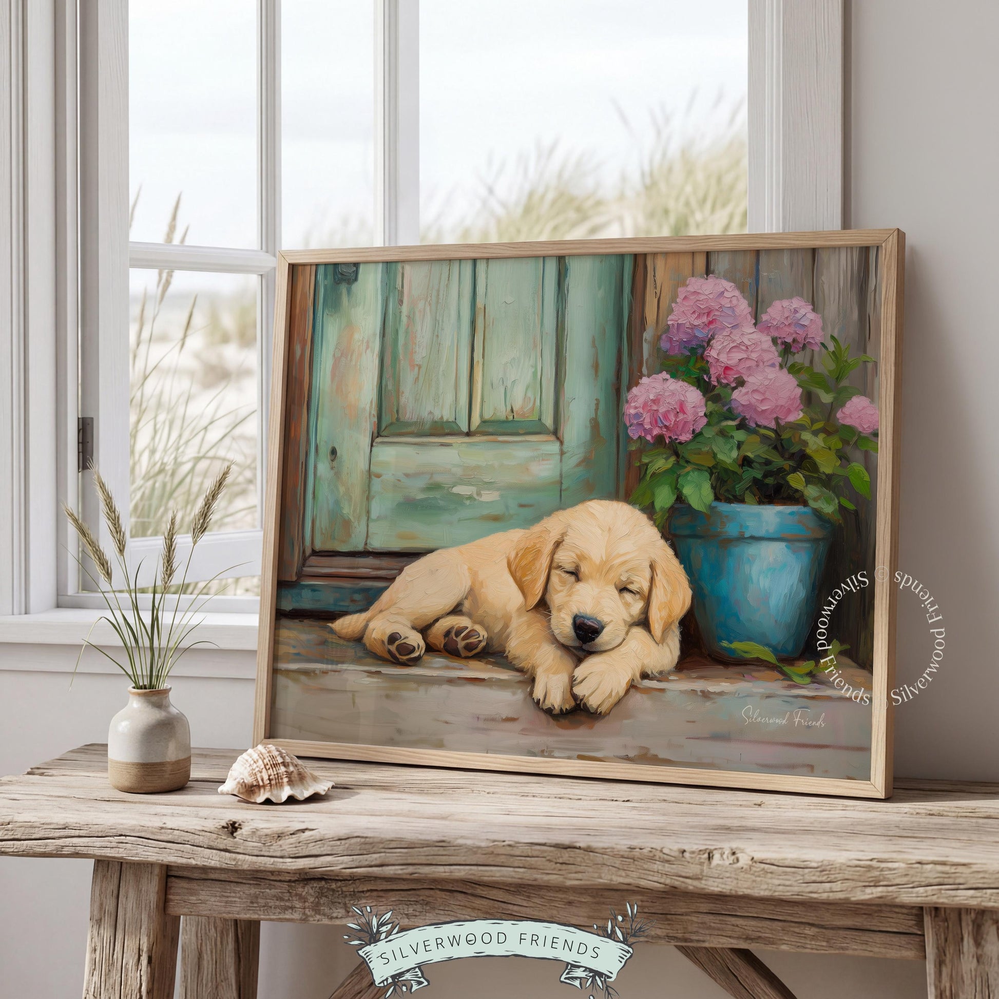 Realistic golden retriever picture for relaxation room — combines coziness, peace, and rustic charm in delightful detail.