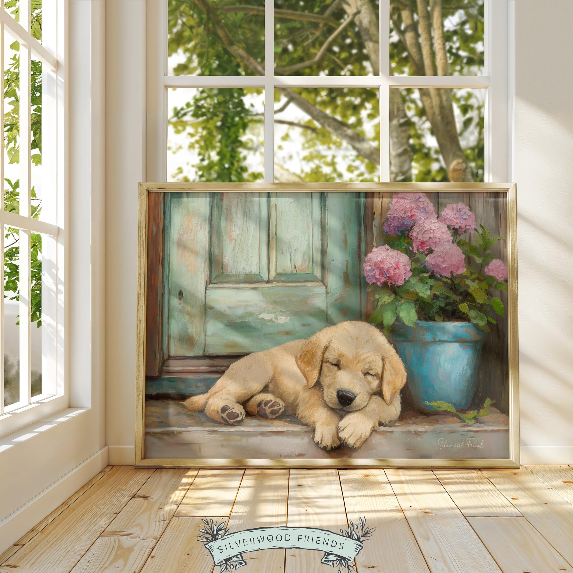Golden-yellow puppy painting wall art for cozy spaces — evokes warmth and tranquility with rustic farmhouse charm and soft hues.