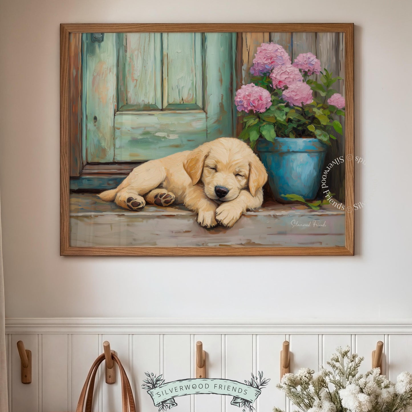 Cute sleeping puppy printable art for farmhouse decor — enhances any room with peaceful, soft tones and rustic country elements.