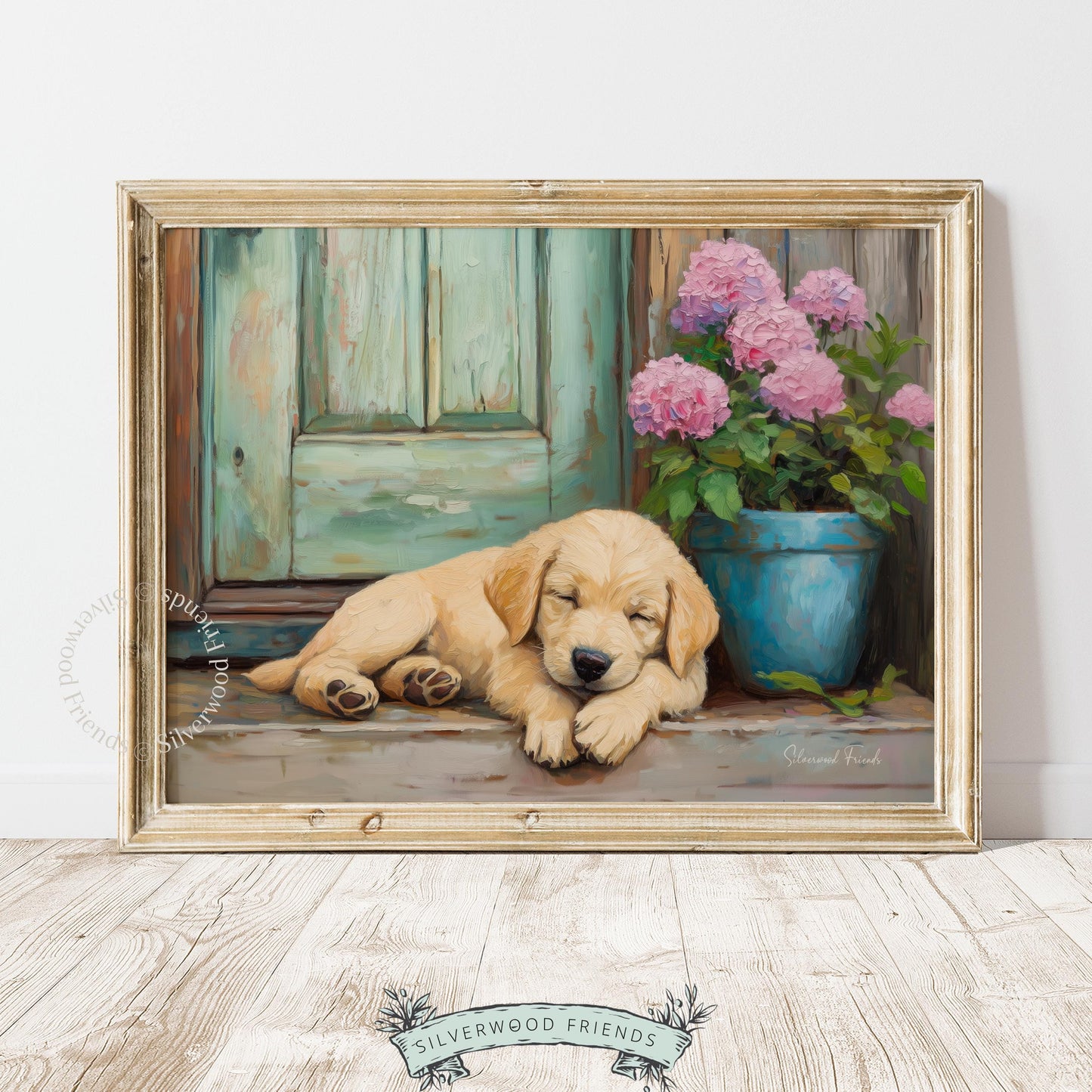 Cute golden retriever digital print for entryway decor — sweet canine scene inspires a calming, country cottage atmosphere with pastel accents.