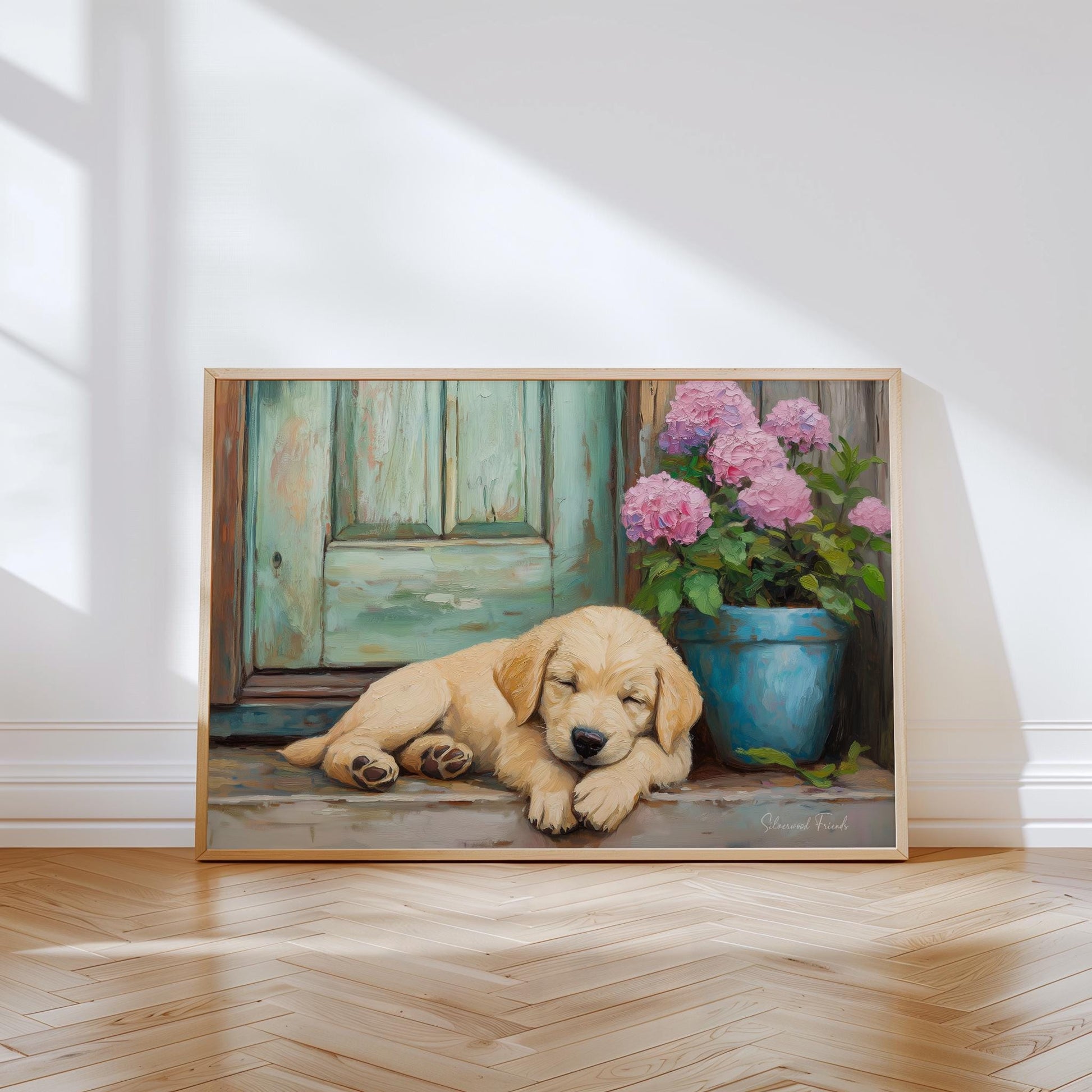 Sweet sleeping puppy artwork for hallway décor — evokes warmth and tranquility with skillful brushwork and a country vibe.
