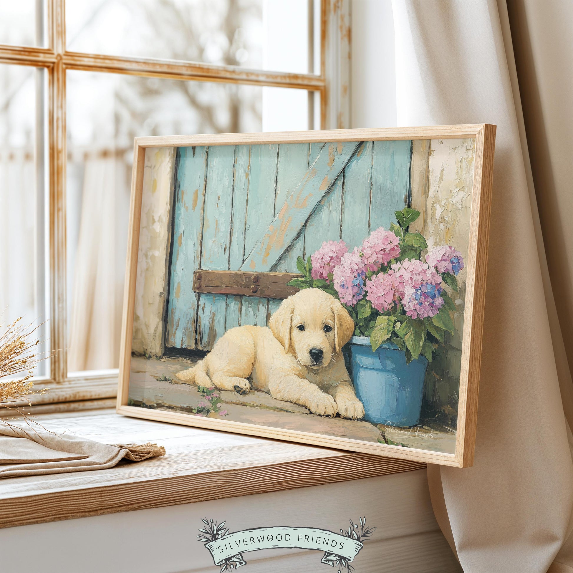 Joyful Labrador puppy artwork for living room — traditional oil painting exuding warmth and cottagecore appeal.