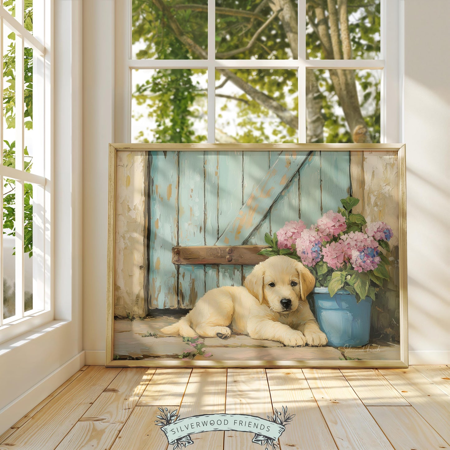 Cute dog picture for home office — relaxed Labrador on a doorstep, blending rustic charm with cozy decor elements.