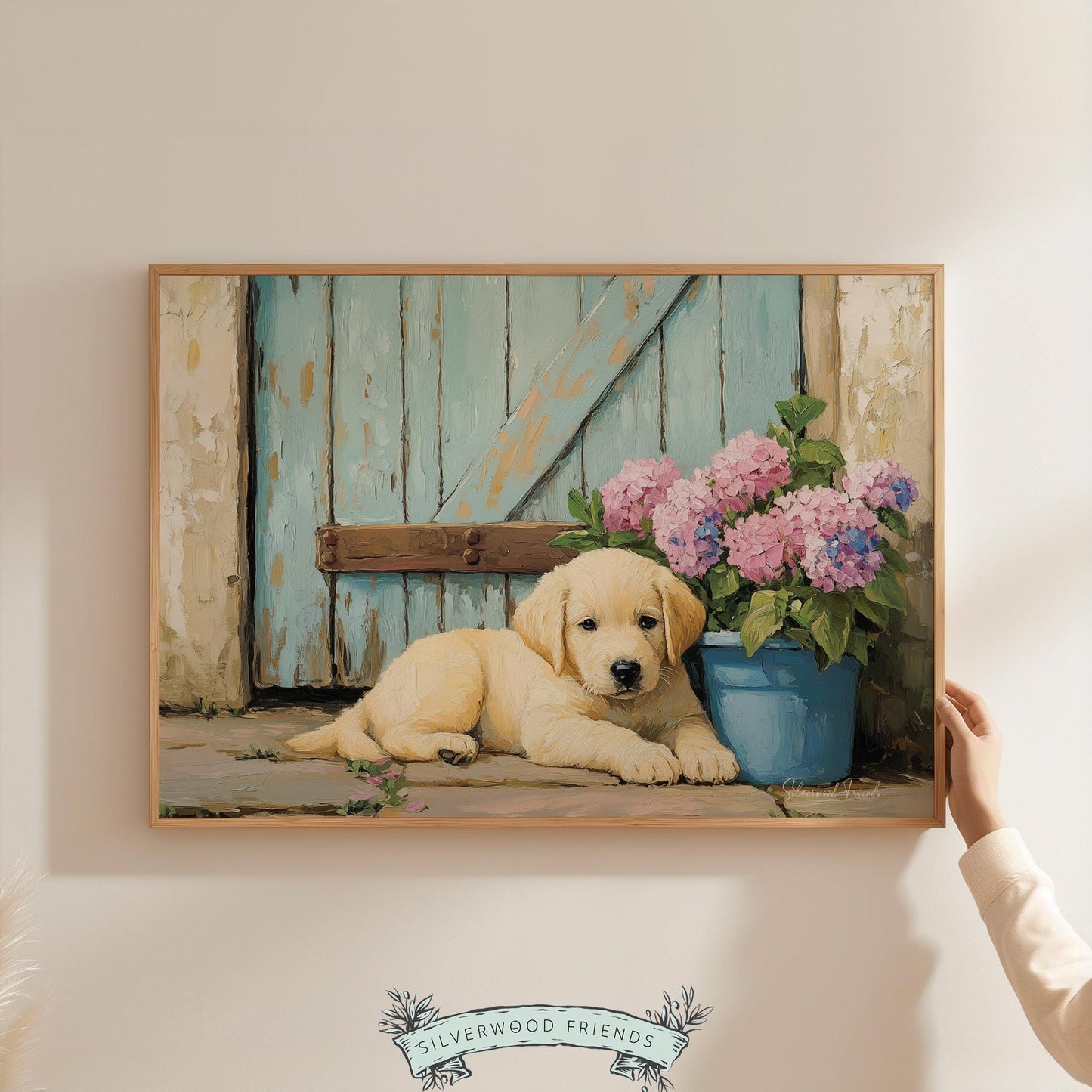Playful puppy floral poster for entryway — endearing Labrador nestled against a colorful door, offering rustic comfort.